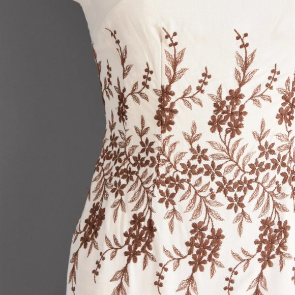 Vintage 50s Dress - Beige Cotton Linen Brown Floral embroidery - Picture 3 of 7